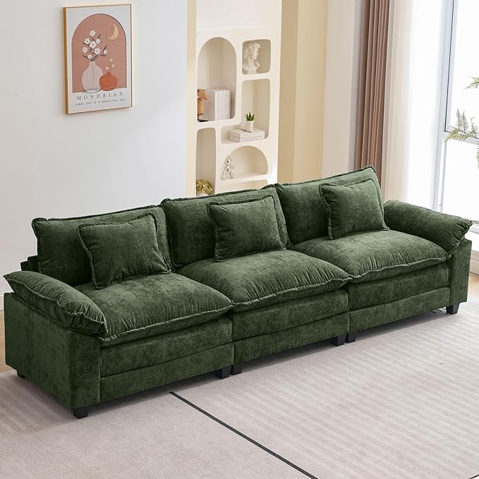 120" Modular Sectional Sofa, Comfy Cloud Couch Sectional, Chenille Sofa Sleeper Deep Seat Sofa with Throw Pillows for Living Room (Green, 120"- 3 Seater)