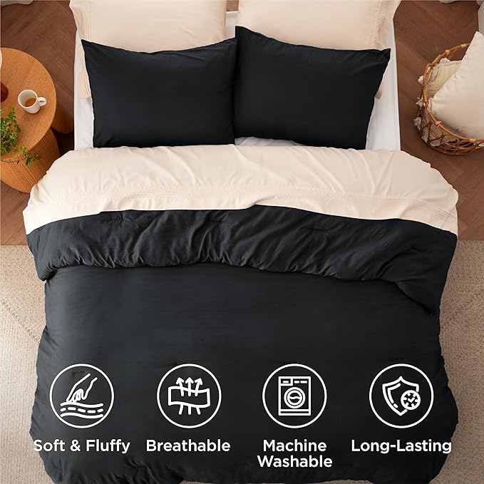 Bedsure Queen Size Comforter Set, Black Soft Prewashed Bedding for All Seasons, 3 Pieces GentleSoft™ Warm Down Alternative Bed Set, 1 Lightweight Comforter (90"x90") and 2 Pillowcases (20"x26")