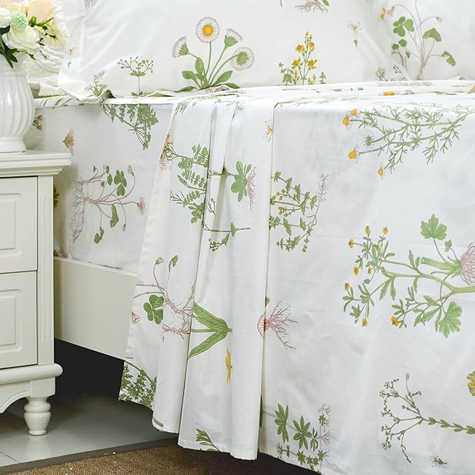 FADFAY 100% Cotton Bed Sheet Set 4-Piece Green Floral Sheet Set 1 Flat Sheet,1 Fitted Sheet and 2 Pillow Cases, Soft Comfortable Bedding Set - Twin Extra Long (Twin XL)