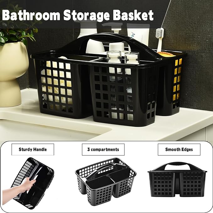 Haundry Plastic Shower Caddy Basket with 3 Compartments, Portable Divided Cleaning Supply Storage Organizer with Handle (Black)