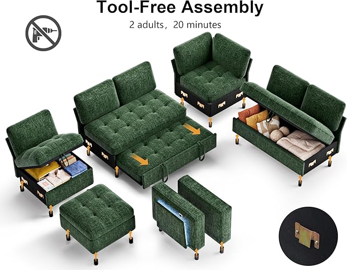 WEUP 7 Seat L Shaped Sectional Sleeper Sofa Bed with Pull Out Bed, Chenille Sectional Sleeper Couch with Ottoman, Adjustable Backrest, USB Ports, LED, Side Table, Tool-Free Assembly, Chenille Green