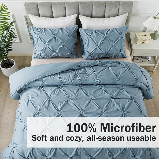 Andency Grayish Blue Comforter Set King, 3 Pieces Boho Pinch Pleat Bedding Comforter, All Season Soft Lightweight Modern Solid Bed Comforter Set