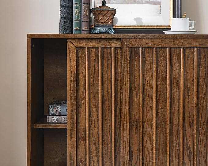 LKTART Mid Century Modern Sideboard Buffet Cabinet with 2 Fluted Sliding Door,Small Storage Cabinet with Outlet Holes for Living Room, Kitchen, Entryway, Hallway 32" Walnut