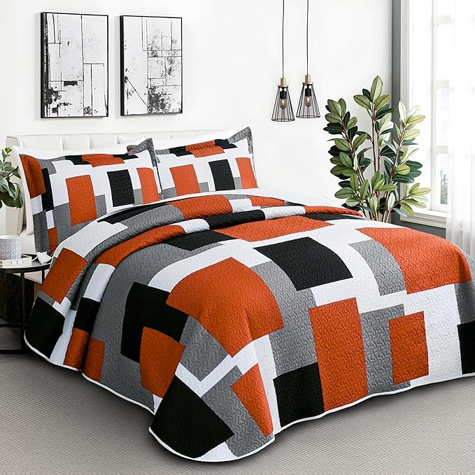 2 Piece Orange Grey Quilt Set Twin Size Black White Gray Geometric Reversible Bedding Set Microfiber Lightweight Bedspread Coverlet with 1 Sham Modern Bed Covers for All Season, 68''x86''