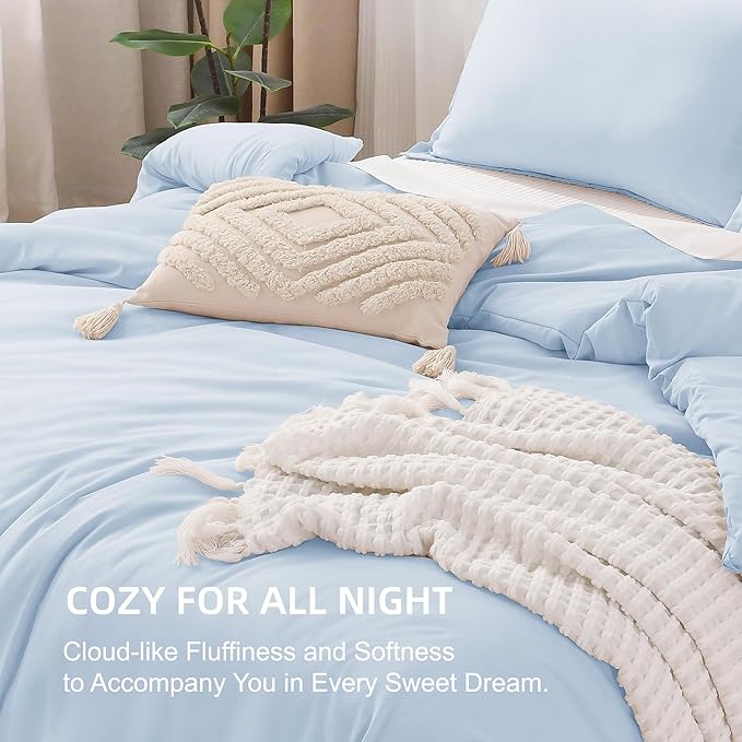 Litanika Comforter Set, Lightweight Solid Bedding Comforter Set, Fluffy Down Alternative Bed Set, Light Blue, Queen
