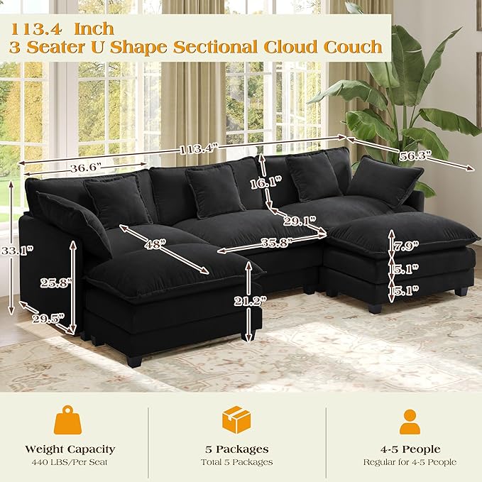 113.4" Modular Sectional Sofa,U Shaped Couch for Living Room,Modern Deep Seat Sofa 3 Seater Chenille Fabric Comfy Cloud Couches with Throw Pillows & Movable Ottoman