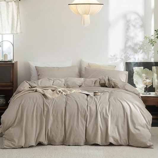 FOSSA Duvet Cover Set 100% Washed Cotton Linen Feel Super Soft Breathable Cozy 3 Pieces Bedding Sets Solid Tannish Linen Grey Queen