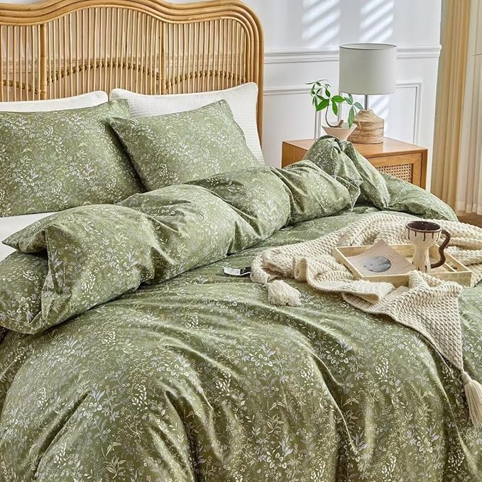 MKXI Vintage Style Comforter Set Queen Size Wildflower Comforter Set Floral Bedding Set Green Floral Duvet Comforter Microfiber Bed Set Soft Reversible Farmhouse Comforter Army Green