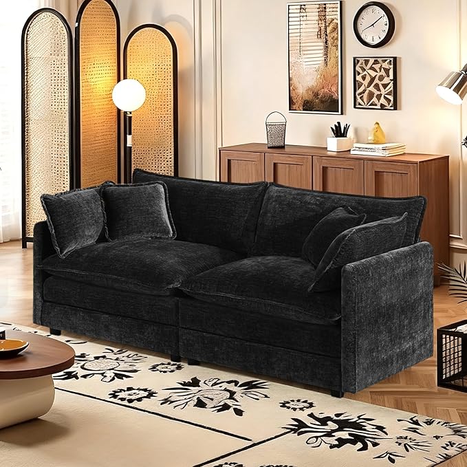 SoarFlash Chenille Sectional Sofa, Comfy Modular Loveseat Sofa, Modern 2-Seat Couch Deep Seat Sofa Set for Living Room,Black