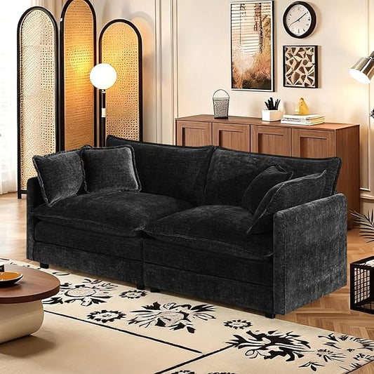 SoarFlash Chenille Sectional Sofa, Comfy Modular Loveseat Sofa, Modern 2-Seat Couch Deep Seat Sofa Set for Living Room,Black