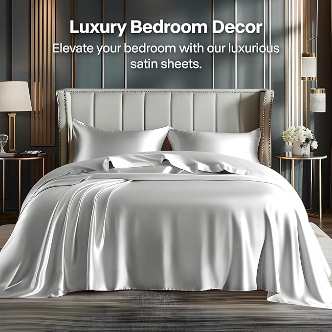 BEDELITE California King Sheets Set, Luxury Soft Grey Satin Sheets for Hair and Skin, Similar to Silk Bed Sheets Set 4 Pieces with 1 Deep Pocket Fitted Sheet, 1 Flat Sheet, and 2 Pillowcases