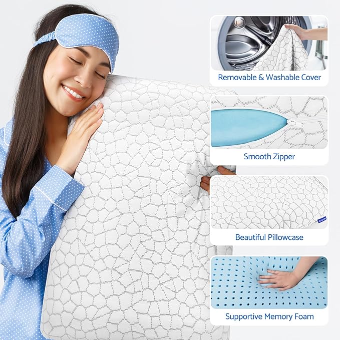 Memory Foam Pillows for Sleeping, Bed Pillow with Removable and Machine Washable Cover, Bed Pillow for Side, Back and Stomach Sleepers, King Size (2 Pack)