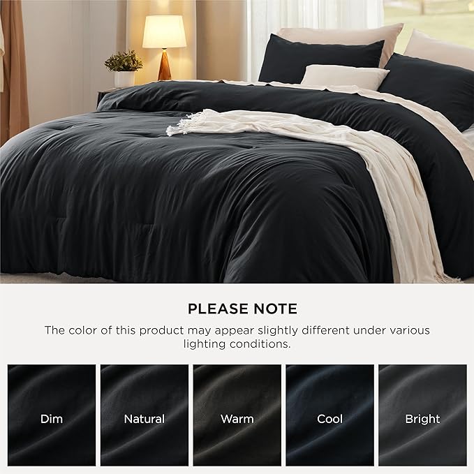 Bedsure Super King Plus Size Comforter Set, Black Soft Prewashed Bedding for All Seasons, 3 Pieces GentleSoft™ Bed Set, 1 Lightweight Comforter (128"x120") and 2 Pillowcases (20"x36")
