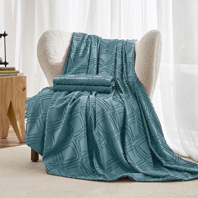 JELLYMONI Duvet Cover Queen Size Grayish Blue - 3PCS Boho Duvet Cover Set Plaid Polyester Tufted Bohemian Jacquard Knit Textured Comforter Cover 90×90in Rhombic Geometric Pattern Zipper Corner Tie