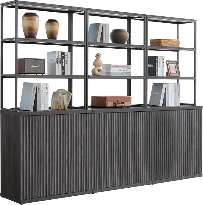 SICOTAS Fluted Book Shelf with Doors - 75" Tall Bookshelf with Storage 6 Tier Large Bookcase with Bottom Cabinet - Modern Metal Book Case for Living Room, Home Office, Bedroom, Kitchen, 3 Pieces