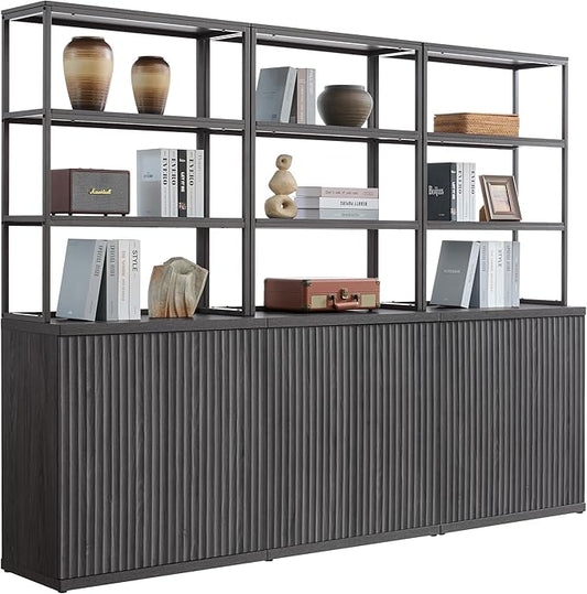 SICOTAS Fluted Book Shelf with Doors - 75" Tall Bookshelf with Storage 6 Tier Large Bookcase with Bottom Cabinet - Modern Metal Book Case for Living Room, Home Office, Bedroom, Kitchen, 3 Pieces
