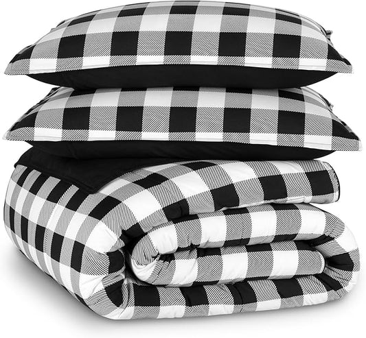 Bare Home Comforter Set - Queen Size - Ultra-Soft - Goose Down Alternative - Premium 1800 Series - Reversible - All Season Warmth (Queen, Chester Buffalo Plaid - White/Black)