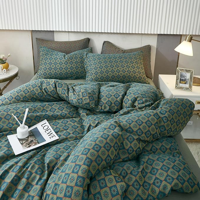 VM VOUGEMARKET Boho Duvet Cover King Geometric Pattern,3Pcs Yarn-Dyed Muslin Cotton Duvet Cover Set Blue Green Flower Bedding Set for Girls Women Without Comforter