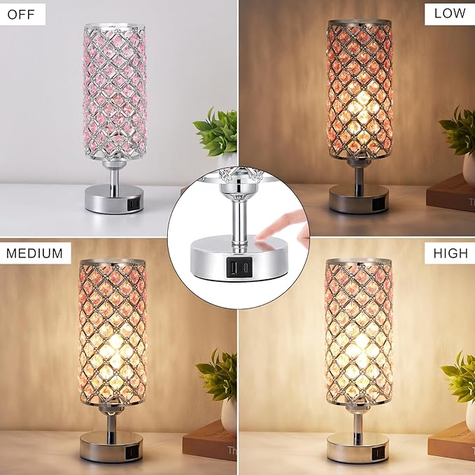 Crystal Table Lamp, Pink Touch Lamp with USB C+A Ports, 3 Way Dimmable Bedroom Light with Crystal Shade, Bedside Nightstand Small Lamp for Girl Bedroom, Living Room(Buld Included)