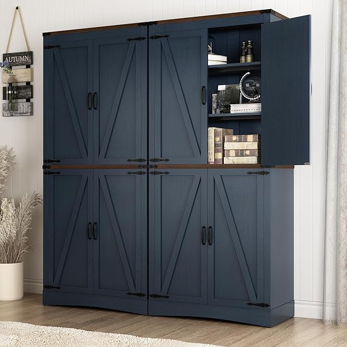 71" Tall Kitchen Pantry,Farmhouse Storage Cabinet with Adjustable Shelves,Load-Bearing Steel Pipe,Farmhouse Pantry Cabinet with 4 Barn Doors,for Kitchen,Dining Room,Living Room(Blue)