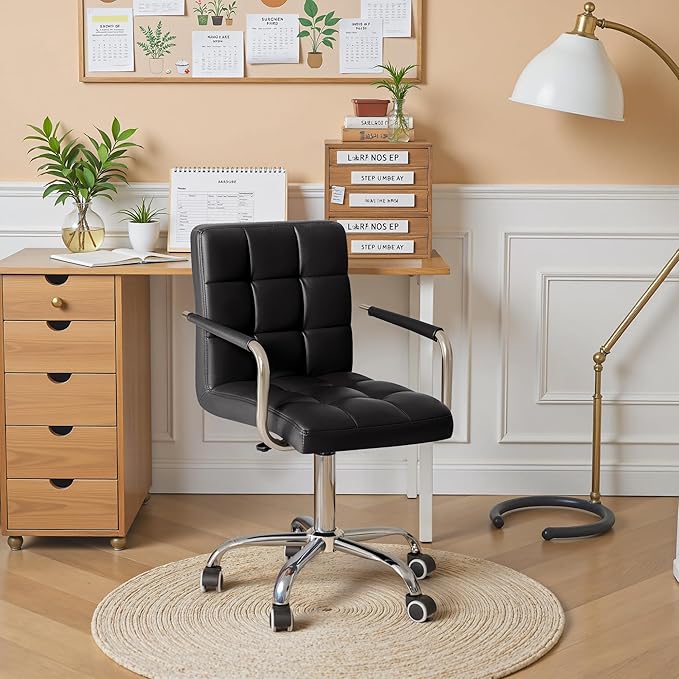 Furmax Mid-Back Office Task Chair Ribbed PU Leather Executive Chair Modern Adjustable Home Desk Chair Retro Comfortable Work Chair 360 Degree Swivel with Arms (Black)