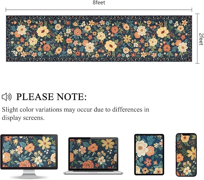 DUKINO 2x8 Runner Rug for Hallway, Washable Kitchen Runner Rug with Rubber Backing Non Slip, Low Pile Soft Boho Floral Thin Carpet for Entryway, Hallway, Bathroom, Laundry Room, Navy Blue