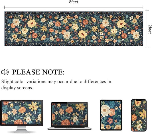 DUKINO 2x8 Runner Rug for Hallway, Washable Kitchen Runner Rug with Rubber Backing Non Slip, Low Pile Soft Boho Floral Thin Carpet for Entryway, Hallway, Bathroom, Laundry Room, Navy Blue