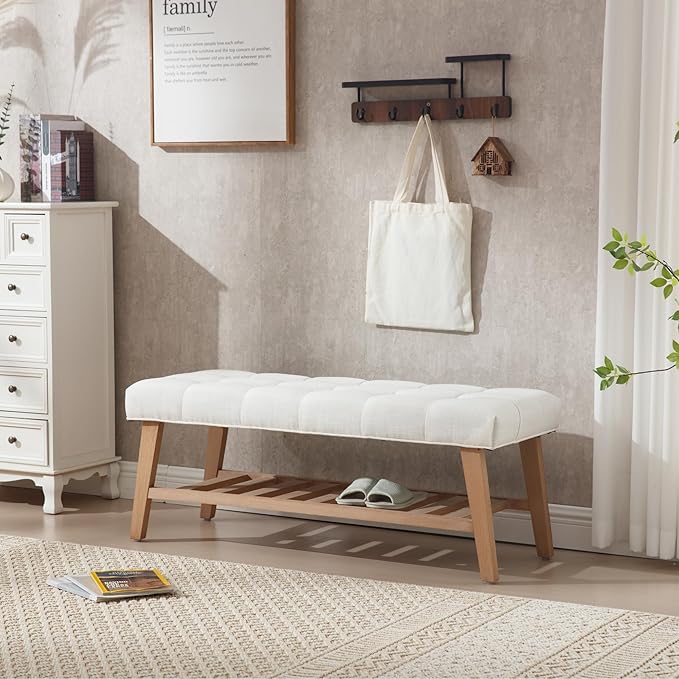 Kmax Entryway Bench with Shoe Storage, Upholstered Wood Storage Bench for Living Room Window Bench for Bedroom End of Bed - Linen, Beige