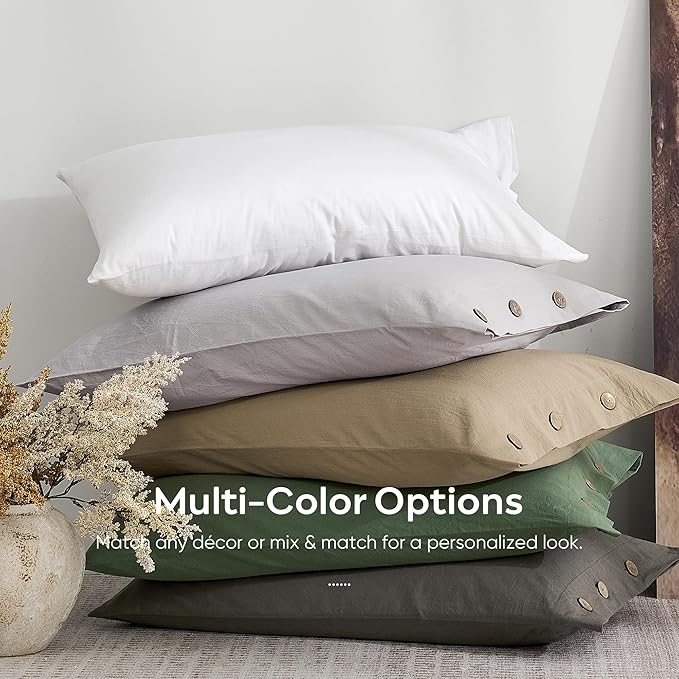 JELLYMONI 100% Washed Cotton King Pillowcases Set, 2 Pack Linen-Like Texture Breathable Pillow Covers with Button Closure,Deep Grey King 20"×36"(Pillows are not Included)