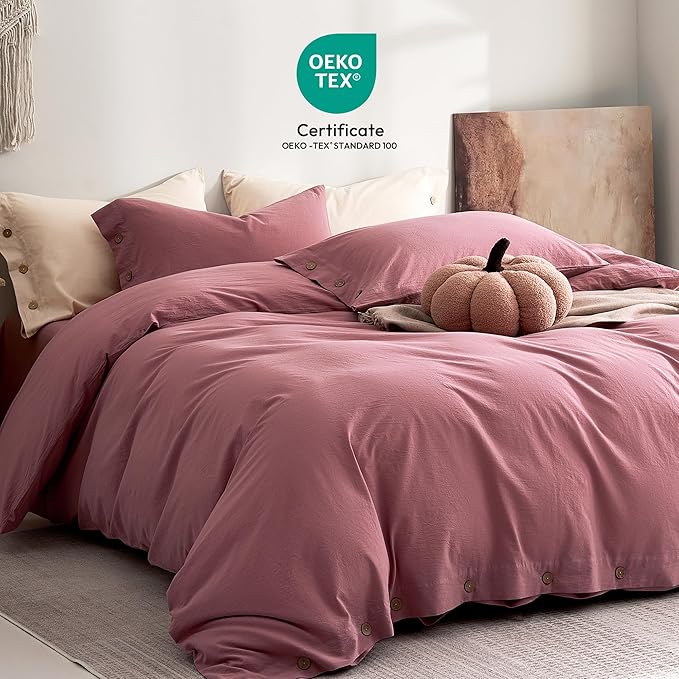 JELLYMONI 100% Washed Cotton Duvet Cover Queen – Soft, Breathable Linen-Look Bedding with Natural Wrinkle Texture, Button Closure, 3-Piece Set (Deep Rose, 90"x90")