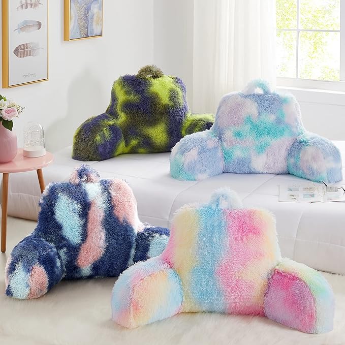 Faux Fur Reading Pillows - Big Size 30x17x17 Inches with Premium Pure White Micro Fiber Stuffing, Students & Kids Backrest Pillow, Bed Rest Pillow, Unique Colorful Design, Awesome Gift