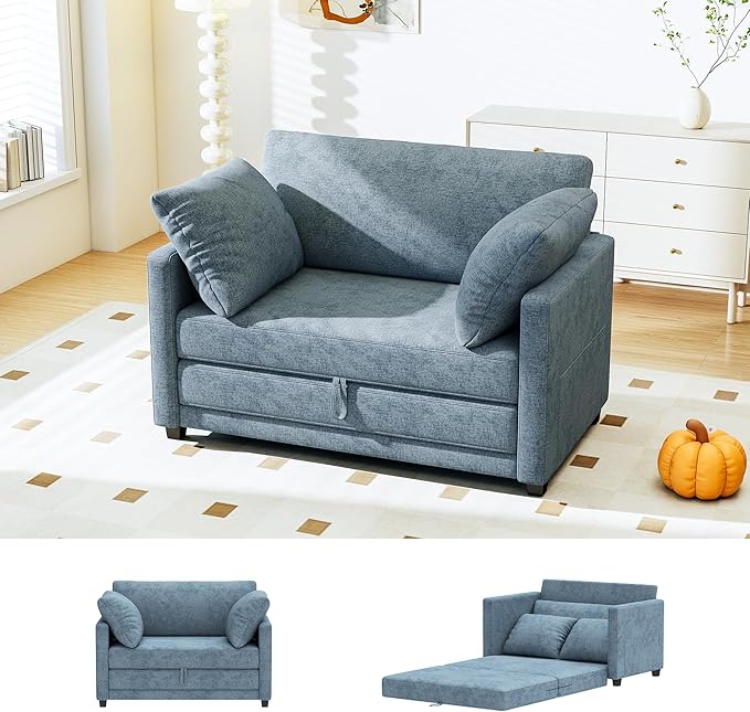 51" Convertible Loveseat Sofa Bed, 2-in-1 Folding Sofa Bed with 2 Pillow for Small Spaces, Modern Loveseat Sleeper Couch for Apartment, Living Room & Guest Room (Light Blue)