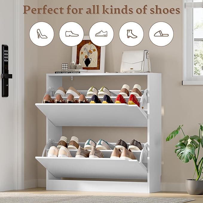 Shoe Cabinet with 2 Flip Drawers, Slim Narrow Shoe Storage Cabinet, Freestanding Shoe Organizer with Adjustable & Removable Shelves, Top Display Shelf for Entryway, Hallway, Foyer, Closet