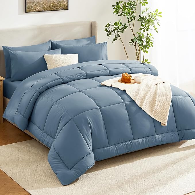 CozyLux California King Comforter Sets Mineral Blue, 7 Pieces Cal King Bed in a Bag, All Season Bedding Sets with Stitch Quilted Comforter, Flat Sheet, Fitted Sheet, Pillowcases