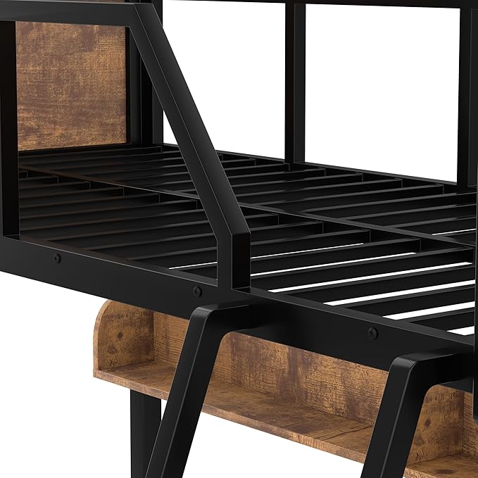 Twin over Full Bunk Bed with Storage Shelves, Metal Bunk Beds with Ladders and Lights, Heavy-duty Bunkbed for Bedrooms, Guest Rooms and Dorms, No Box Spring Needed and Noise-free Design, Woodgrain