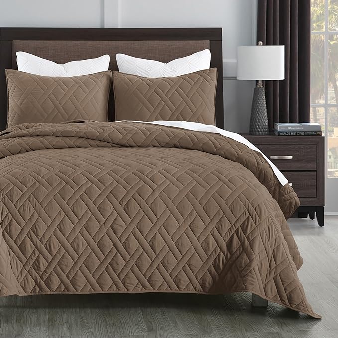 HORIMOTE HOME Quilt Set King Size Pine Bark, Classic Geometric Diamond Stitched Pattern, Ultra Soft Microfiber Lightweight Bedding Bedspread Coverlet for All Season with 1 Quilt 2 Pillow Shams