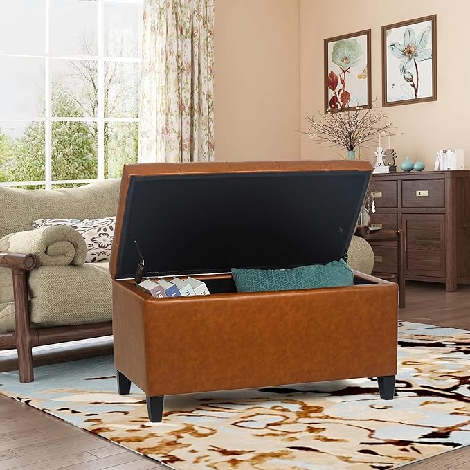 Joveco Storage Ottoman Bench, 33 Inches Faux Leather Rectangle Tufted Foot Stool for End Foot of Bed, Bedroom, Living Room, Cognac Brown
