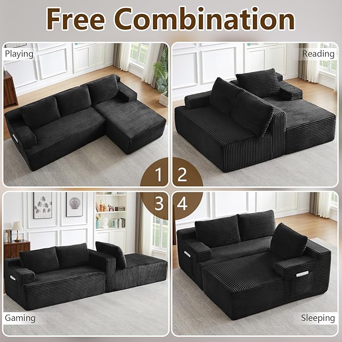 96" Modular Sectional Sofa Couches L-Shape Couch 3 Seat Modular Sofa Corduroy Memory Foam Sectional Boneless Couches for Living Room, Cloud Couch with Oversized Chaise(Dark Black, Right Facing)