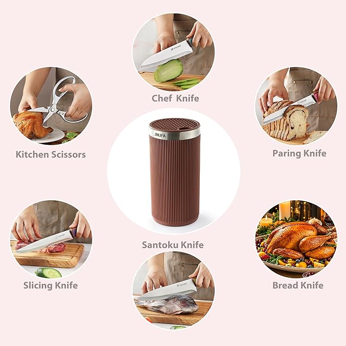 Knife Block Without Knives, JINLIFA Kitchen Knife Holder Block, Universal Knife Storage Organizer Stand Rack for Countertop (Stylish Brown Color)
