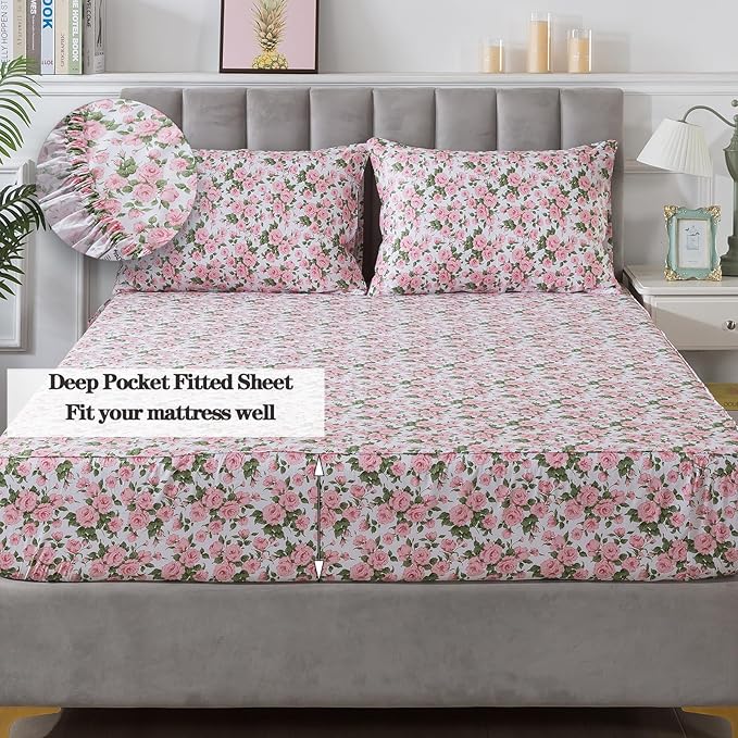 FADFAY Sheets Set Full Pink Rose Floral Bedding Rustic Peony Flower Bed Sheet Set Vintage Farmhouse Bedding 100% Cotton Ultra Soft Breathable Collection with Deep Pocket Fitted Sheet 4Pcs, Full Size