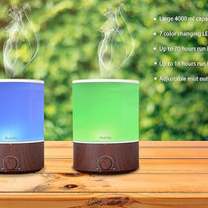 BlueHills Premium 4000 ml XL Essential Oil Diffuser 4L 4 Liter 70 Hour Run Humidifier Aromatherapy 1 Gallon Big Capacity High Mist Output for Extra Large Room Home Mood Lights Dark Wood Grain E402