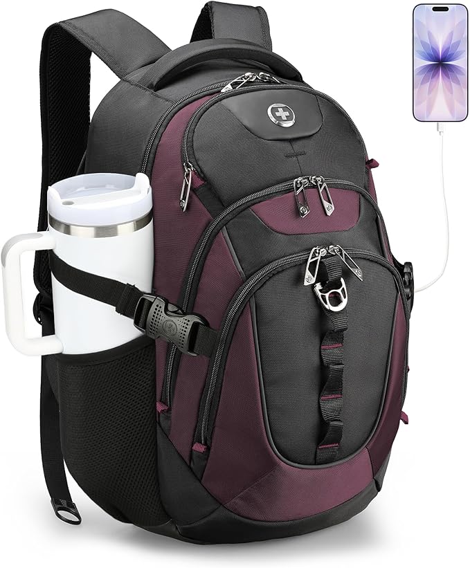 Swissdigital Design Laptop Backpack with USB Charging Port, Travel Backpack Fits 15.6 inches Computer, 31L College School Backpack for Women, Burgundy/Black | SD803-44