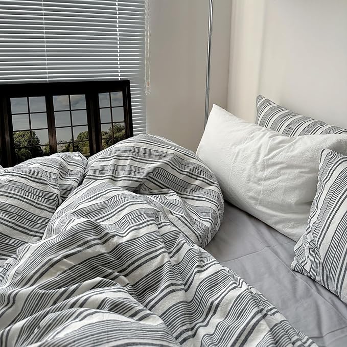 VM VOUGEMARKET King Duvet Cover Set Black Grey White Stripes Bedding Set,Luxury Comfy Washed Cotton Textured Linen Like Comforter Cover with Zipper&Ties-104"x90"