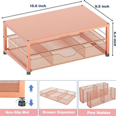 OPNICE Desk Organizers and Accessories, 2-Tier Computer Monitor Stand with Drawer and 2 Pen Holders, Laptop Stand, Office Desk Accessories for Office Supplies, Rose Gold