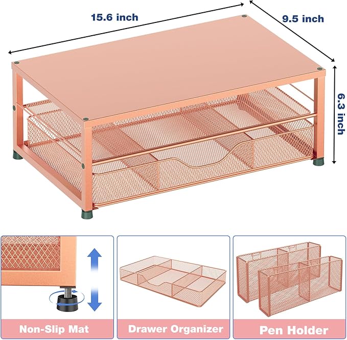 OPNICE Desk Organizers and Accessories, 2-Tier Computer Monitor Stand with Drawer and 2 Pen Holders, Laptop Stand, Office Desk Accessories for Office Supplies, Rose Gold