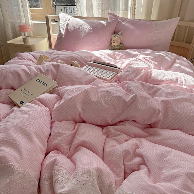 mixinni Pink Gingham Duvet Cover Full Size - 3 Piece Cottagecore Plaid Bedding Set with Lace Trim, Soft Washed Microfiber Vintage Aesthetic Grid Comforter Cover & Pillow Shams, (Pink White Gingham)