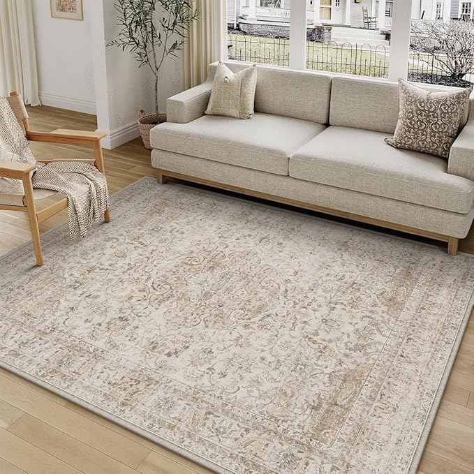 4x6 Washable Beige Area Rug Vintage Entryway Office Carpet Non-Slip Soft Low Pile Distressed Indoor Throw Rug for Living Room Bathroom Dining Room