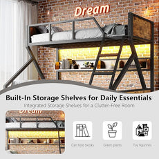 Twin XL over Queen Bunk Bed with Shelves, Metal Bunk Beds with Ladders and Lights, Heavy-duty Bunkbed for Bedrooms, Guest Rooms and Dorms, No Box Spring Needed and Noise-free Design, Woodgrain