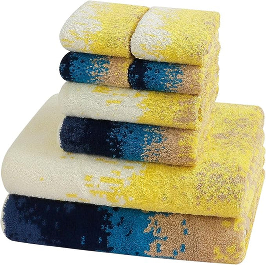 SEMAXE Colorful Bath Towel Set, 100% Cotton Bathroom Towels with Hanging Loops, Soft & Absorbent, 8 Piece Towel Set Include 2 Bath Towels, 2 Hand Towels, 4 Washcloths, Yellow | Brown | Blue