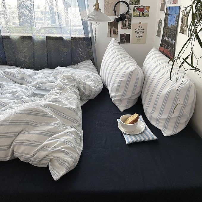 VM VOUGEMARKET Striped Duvet Cover Set 100% Washed Cotton Linen Like Textured Breathable Durable Comfy Modern Bedding Set for Boys Men (Demin Blue&White Stripes, Queen 90"x90")
